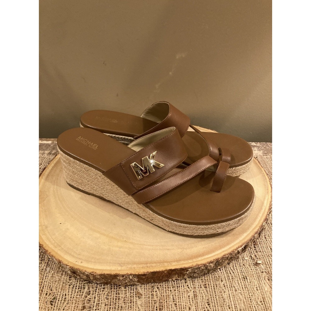 Michael Kors Women's Sidney Leather Espadrille Wedges Sandals Luggage Sz-10 - Picture 2 of 9